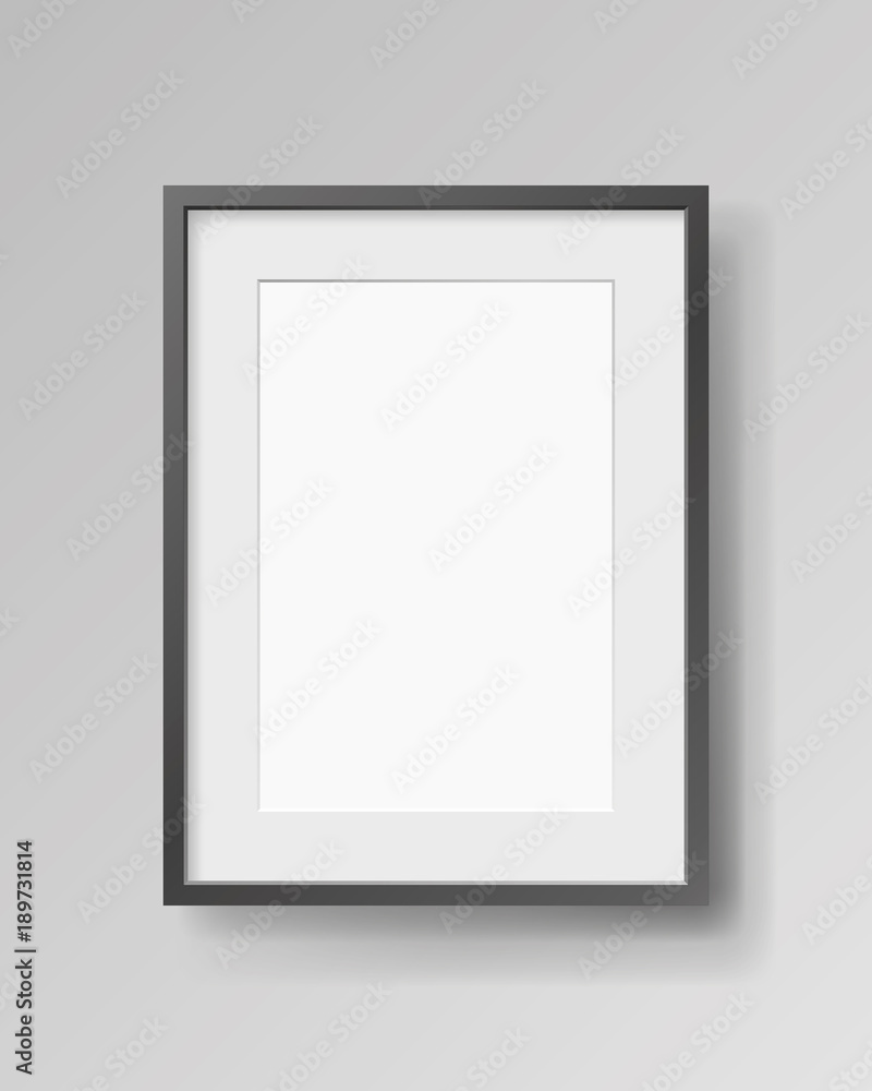 Poster realistic empty rectangular black frame with passepartout on gray background, border for your creati
