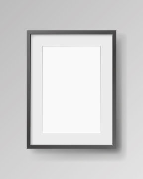 Realistic empty rectangular black frame with passepartout on gray background, border for your creative project, mock-up sample, vector design object