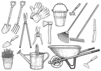 Garden accessories illustration, drawing, engraving, ink, line art, vector