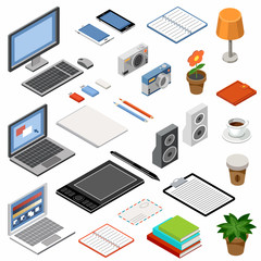 Set of isometric icons. Equipment and office accessories