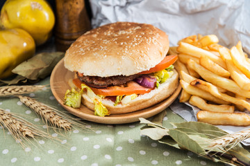 Cheese burger - American cheese burger with Golden French fries