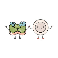 kawaii cartoon dish and sponge holding hands in colored crayon silhouette vector illustration