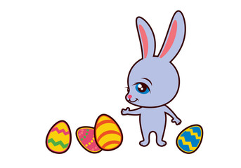 Cute little easter bunny icon vector isolated on white background. Adorable gray baby rabbit and eggs cartoon character. Sweet little baby bunny drawing