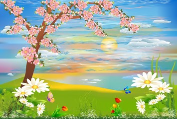 Wiosenny krajobraz z kwitnącym drzewem