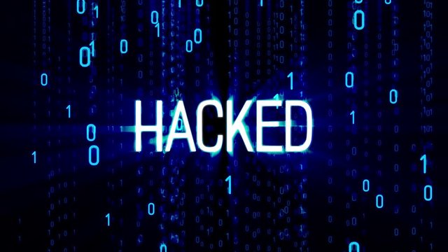 Abstract digital background with blue color of binary code and hacked word. Video available in 4K FullHD and HD render footage