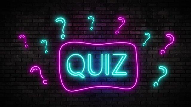 Quiz Neon Light on Brick Wall. Night Club Bar Blinking Sign Style. Video available in 4K FullHD and HD render footage