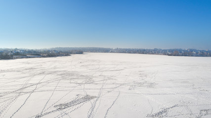 view of the lake in winter. view from the drone
