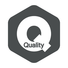 Icono plano Quality espacio negativo en Q en hexagono gris