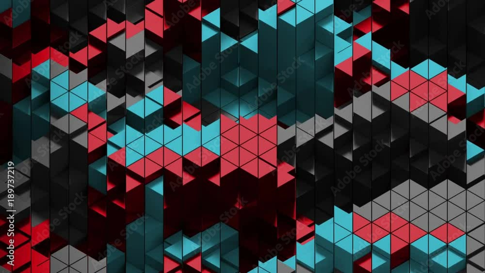 Poster 3d render of triangle shapes. Repeatable extrude triangular forms with random height level. Loopable sequence.