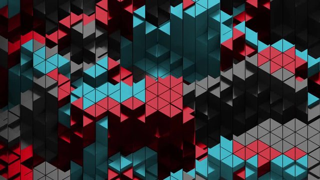 3d render of triangle shapes. Repeatable extrude triangular forms with random height level. Loopable sequence.