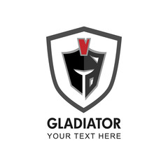 Gladiator themed vector graphic logo. Helmet of Roman warrior in shield, grey, black and red colored gladiator logo.