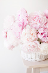 beautiful pink peony flowers bouquet in vase - obrazy, fototapety, plakaty