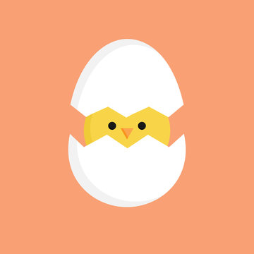 Cute little chick in cracked egg vector graphic illustration. Easter themed, yellow chicken cartoon with cracked eggshell, isolated on orange background.