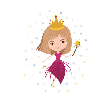 princess fairy with crown and magic wand and colorful stars on white background vector illustration