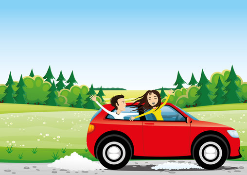 Cheerful young people in a red car on a road in the fields.