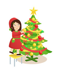 Girl Decorating Christmas Tree Vector Illustration