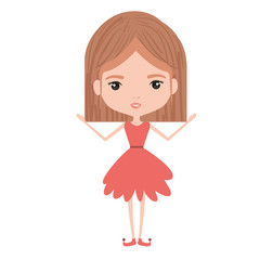 girly fairy without wings and light brown mushroom hairstyle in salmon color dress on white background vector illustration