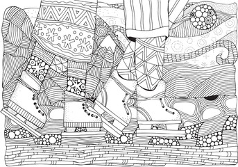 Children on skates. Winter. Adult Coloring book page. Winter, christmas, Antarctica pattern. Hand-drawn vector illustration. Black and white.