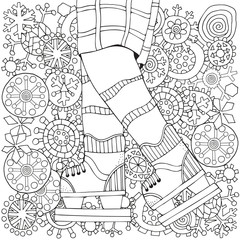 Winter boy on skates. Winter snowflakes. Adult Coloring book page. Vertical pattern for coloring book with legs. Scandinavian. Black and white.