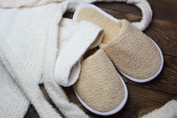 Terry bathrobe and bath slippers