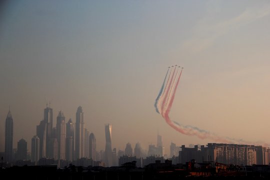 Airshow Of UAE Team Over The Skyline Of Dubai Marina, UAE