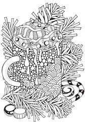 Cup with hot coffee. Adult Coloring book page. Christmas decoration. Hand-drawn vector illustration. Black and white Pattern. Zentangle.