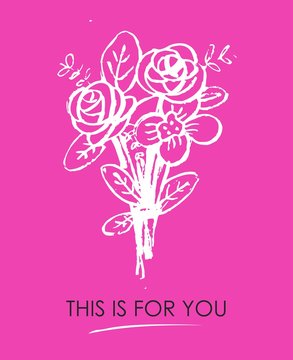 Hand drawn rose bouquet in brush style. Postcard template for wedding and Valentine's Day . Vector illustration.