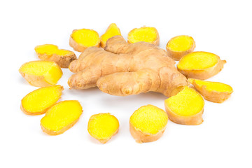 Ginger root with slices isolated on white