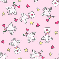 Hand drawn seamless pattern with birds and hearts.