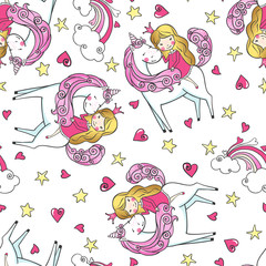 Set of Hand drawn seamless pattern with cute Unicorn and princess.