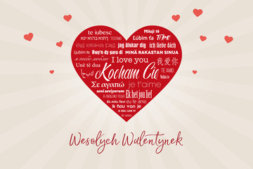 Duże czerwone serce z napisami „Kocham Cię” w wielu językach z podpisem „Wesołych Walentynek” - obrazy, fototapety, plakaty