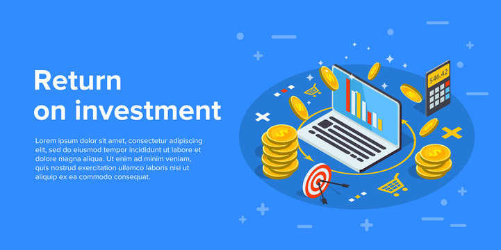Return On Investment Concept Vector Illustration In Isometric Design. ROI Business Marketing Background. Profit Or Financial Income Strategy Web Banner.