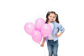 portrait of adorable little kid with pink balloons isolated on white