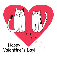 Black and white cats couple in the center pink heart. Vector illustration