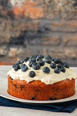 Sour cream blueberry cake served on a plate on a white stone background