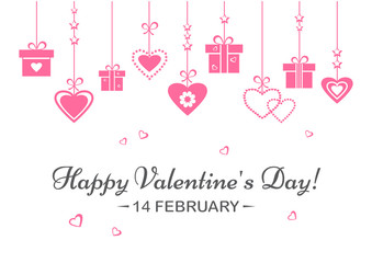 Greeting card for Valentine's Day. Pink hearts and gift boxes hanging. Vector illustration