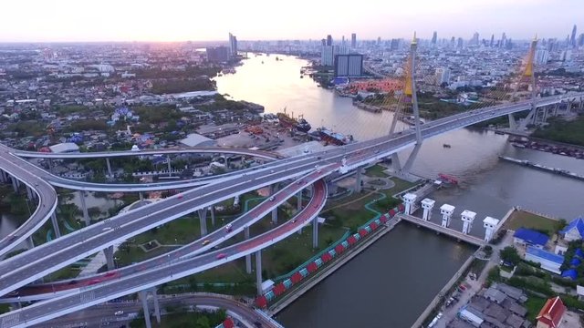 aerial view of bhumibol bridge in bangkok thailand