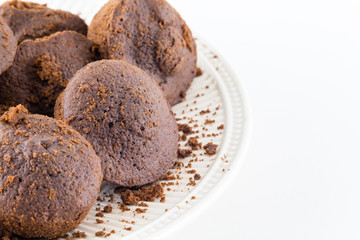 Chocolate muffins home baked cupcakes on white background