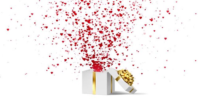Open white holiday gift box with gold bow and with flow red and pink hearts. Valentines Day loop festive animation on the white background.