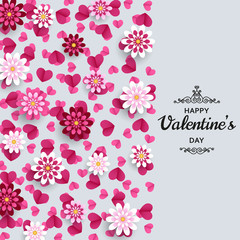 Happy Valentine Day background. Good design template for banner, greeting card, flyer. Paper art flowers and hearts. Vector illustration.