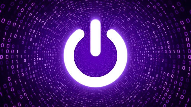 White on off button symbol form purple binary tunnel on purple background. Seamless loop. More symbols and color options available in my portfolio.