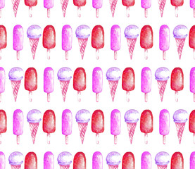 Seamless ice-cream pattern. Watercolor hand drawn summer print in unusual colors.