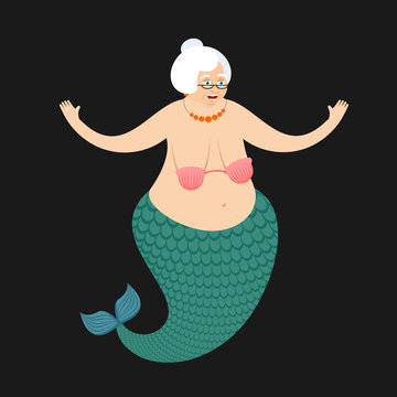 Old Mermaid grandma. Mythical underwater Grandmother with fish tail. Vector illustration