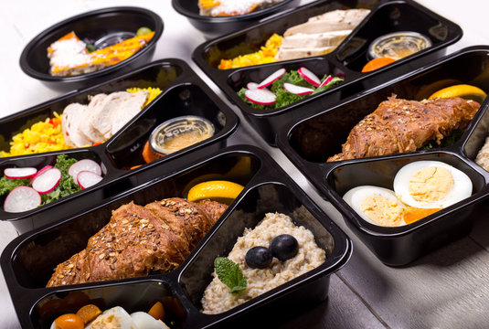 Different Types Of Takeaway Food In Microwavable Containers. Fresh And Healthy Meal For Fitness And Bodybuilding.