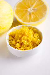 Lemon and juice on a white background