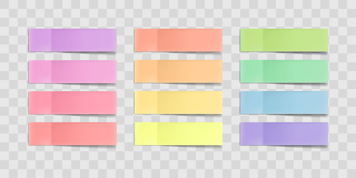 Vector colorful sticky notes, post stickers with shadows isolated on a transparent background. Multicolor paper adhesive tape, rectangle empty office blanks, reminder lists. Great for banner