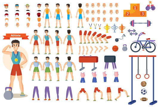 Man athlete vector constructor of cartoon character and gym equipment or training poses creation. Isolated constriction icons of body parts and exercise gestures, sportsman face and fitness weights