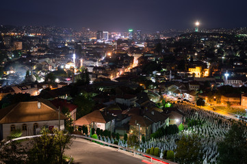 Fototapeta premium Night Shot of Sarajevo Cityscape from Lookout Point Yellow Bastion, Bosnia and Herzegovina