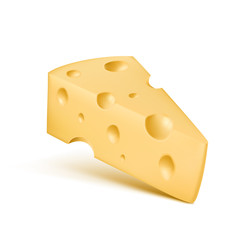 Cheese realistic vector 3D triangle piece. Illustration of dairy product Emmental or Cheddar hard cheese slice with holes isolated icon on white background with shadow for food design