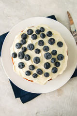 Sour cream blueberry cake served on a plate on a white stone background